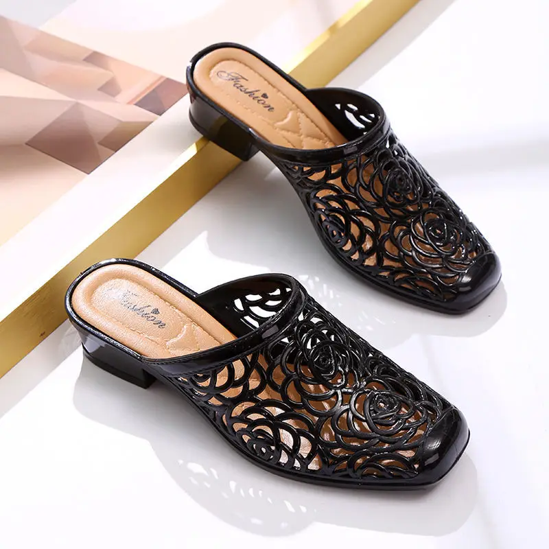 2024 Jelly Shoes Slides,Mum Soft Slippers,Outside Wearing,Fashion PVC Summer Mid Heels,Close Toe,BLACK,RED,APRICOT,Dropshipping