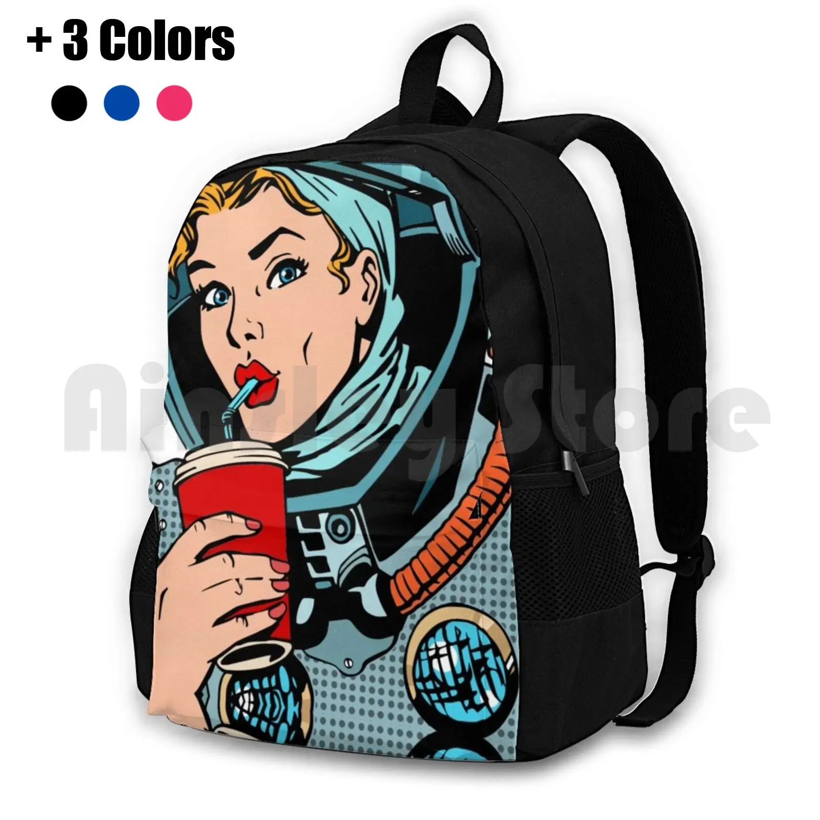 Space Woman In Red Lipstick Drinking Outdoor Hiking Backpack Waterproof Camping Travel Pop Art Red Lipstick Kiss Pop Culture