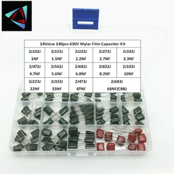 140PCS 14ValuesX10Pcs Mylar Film Capacitor Assorted Kit 630V 2J102J~2J683J 1nF~68nF Polyester 2J222J 2J152J