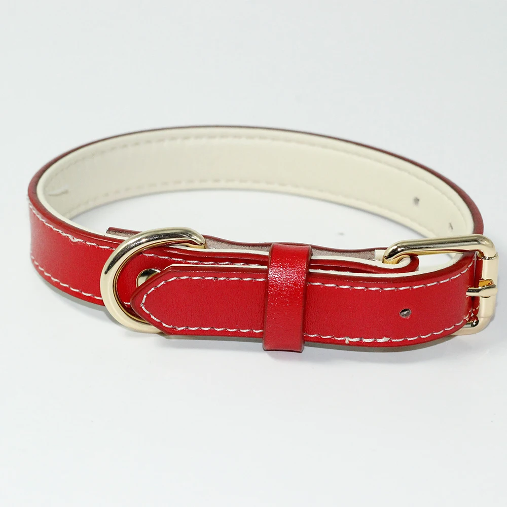 Genuine Leather Dog Collar Soft Padded Collars for Large Medium Small Breed Dogs RED color