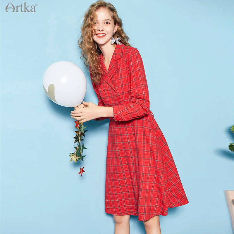 ARTKA 2021 Spring New Women Dress Elegant Vintage Red Plaid High Waist Dress V-Neck Loose Long Shirt Dress With Sashes LA10592Q