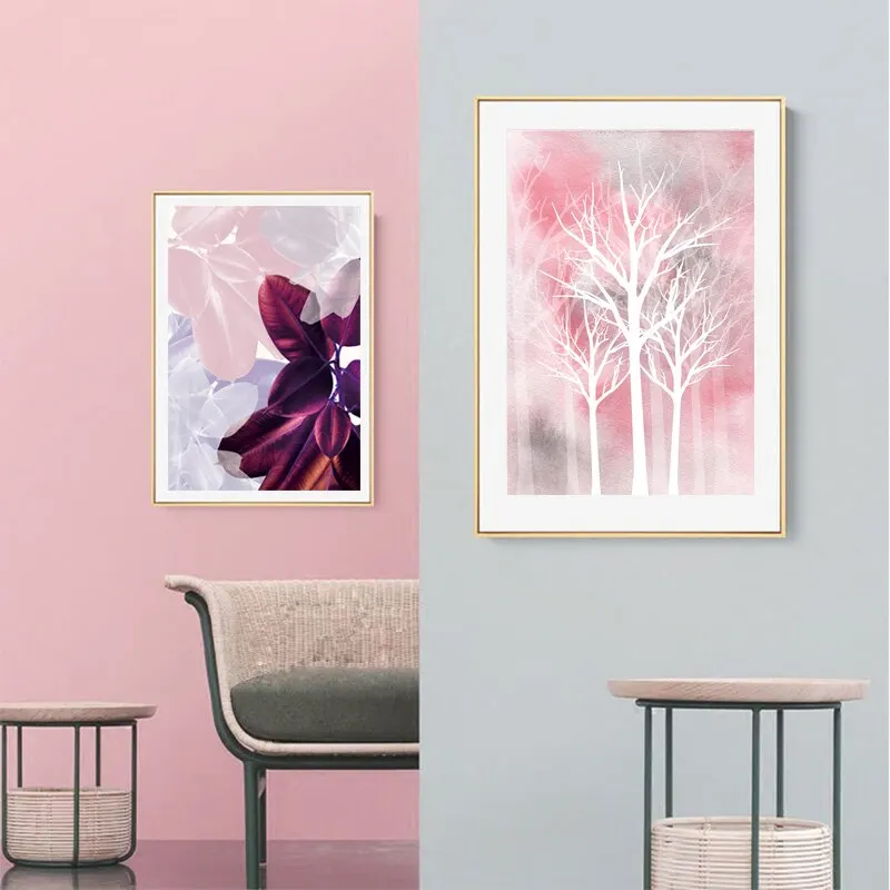 Modern Pink Leaves Woodland Watercolour  Wall Art Canvas Painting Nordic Posters And Prints For Living Room Home Decoration