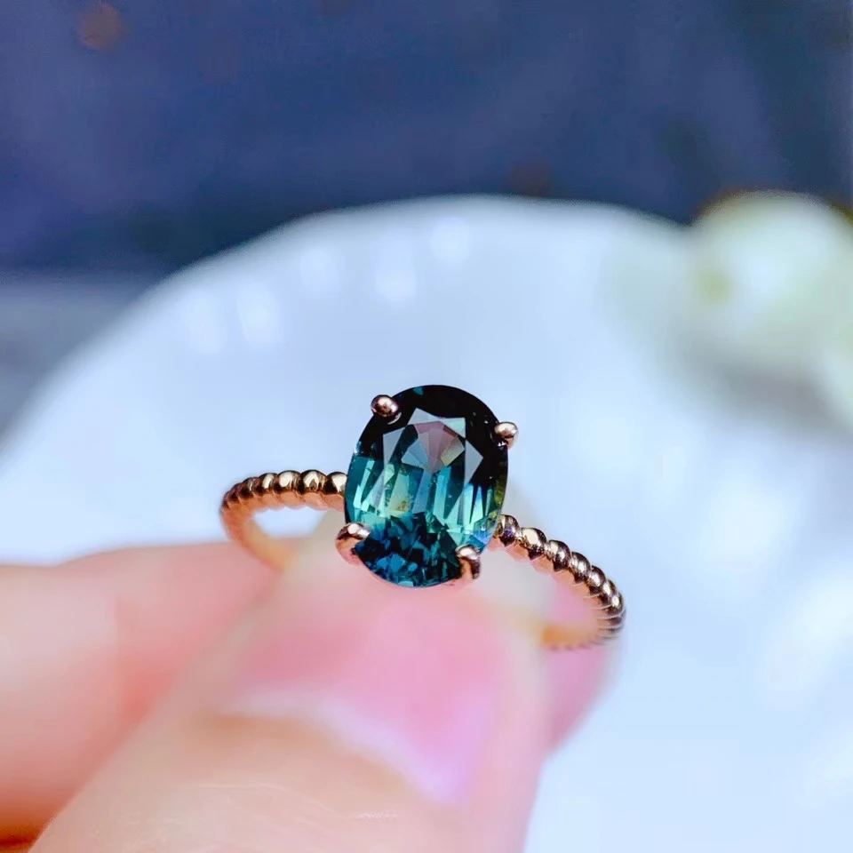 fashion Ocean blue sapphire  gemstone ring  18K gold birthday anniversary engagement marriage ring gift real gem good cut rare