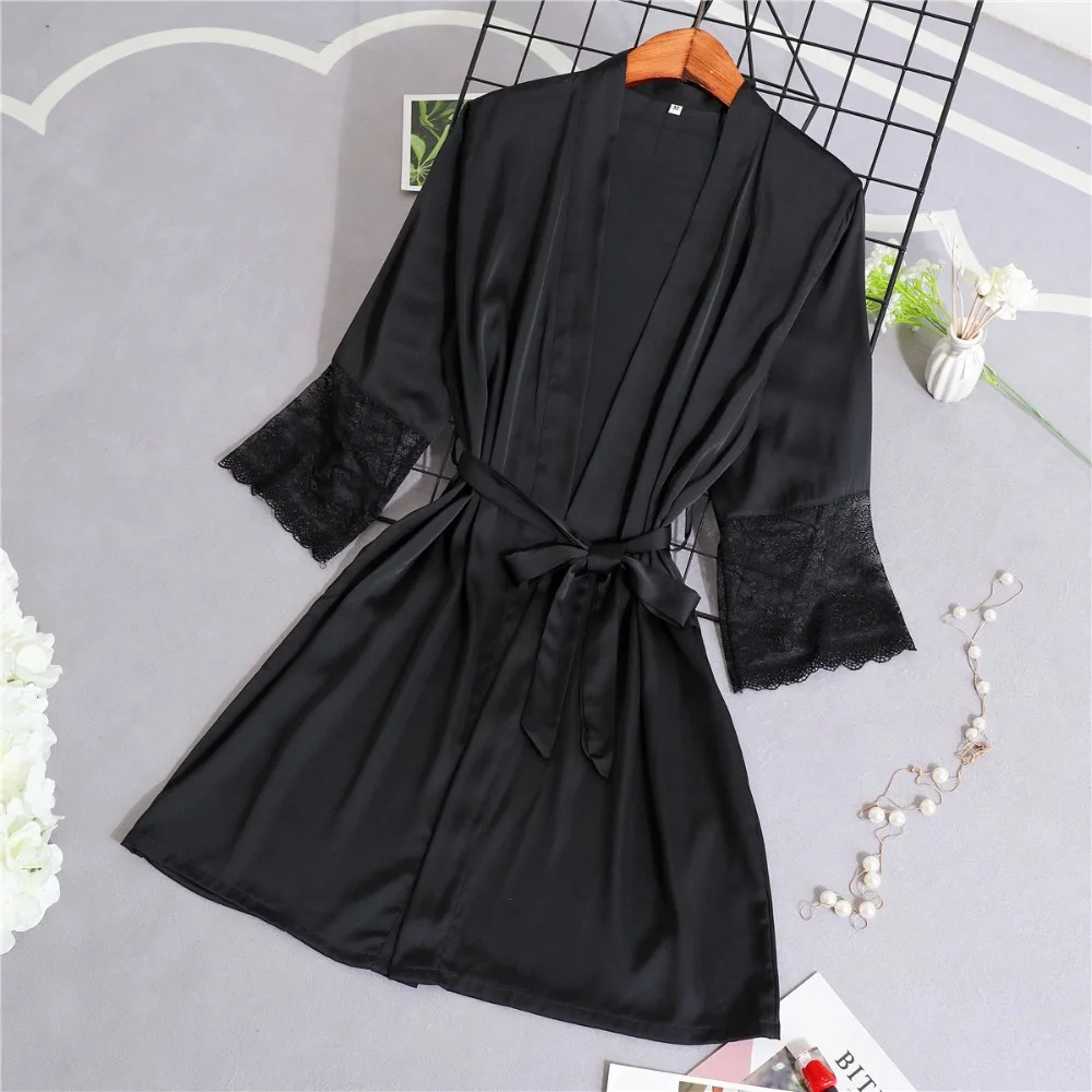 Women Silk Satin Short Night Robe Solid Kimono Robe Sexy Lace Trim Bathrobe Peignoir Bride Bridesmaid Robe Fashion Dressing Gown