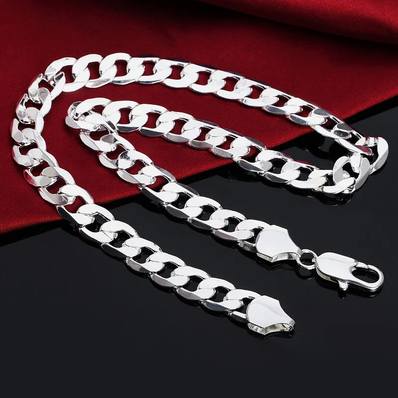 New Style 925 Sterling Silver 18/20/22/24/26/28/30 Inch 12mm Flat Side Necklace Ladies Men Fashion Wedding Jewelry Gift