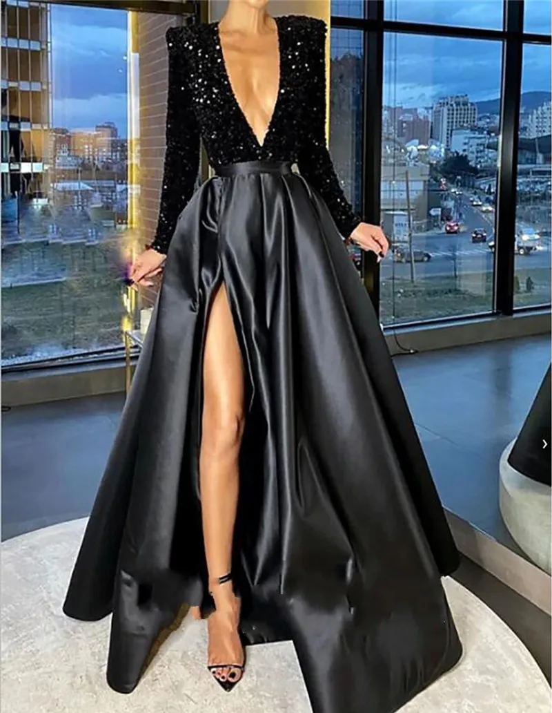 Black Mermaid Arabisch Prom Dresses Sexy V-hals Vrouwen Avond Formele Gowns Lange Mouwen Lovertjes Side Split Robe De Soiree 2021