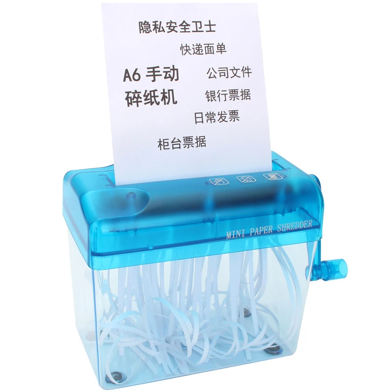 Mini Plastic Blue Shredder A6Manual Crusher Destroyers Paper Documents Cutting Machine for Home Office School Student Stationery