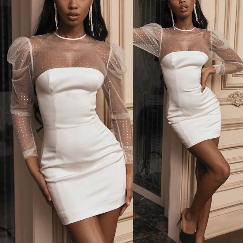 

SKMY Club Outfits For Women Long Sleeve Dress 2024 Winter New Sexy Mesh Stitching Round Neck Bodycon Mini Dress White Color