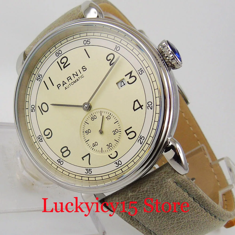 

Luxury PARNIS Automatic Men Watch Polished Case Date WIndow ST Movement Leather Strap