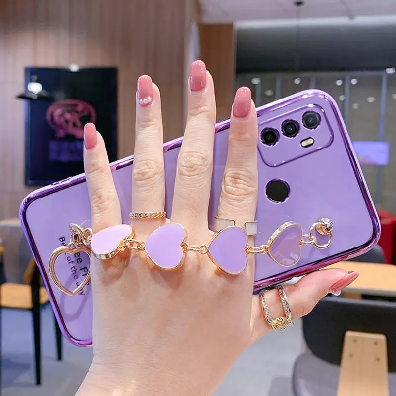 Wrist Bracelet Phone Case for Oppo A53 2020 Case Luxury Love Heart Chain Plating Cover Capa oppo A53S A32 A53 2020 Soft silicone