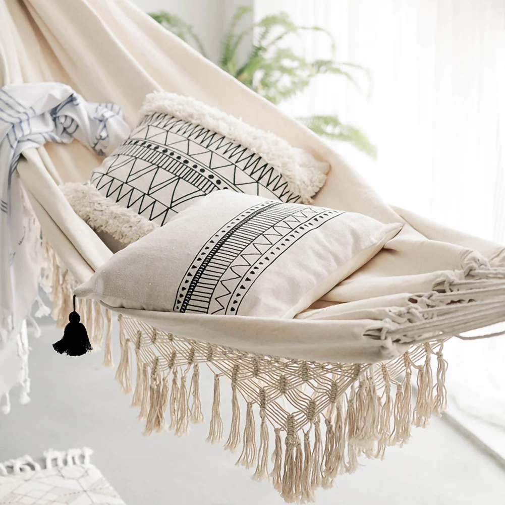 Hamaca grande de estilo bohemio para 2 personas, silla colgante de lujo con flecos de macramé brasileño, Columpio de red doble para interiores