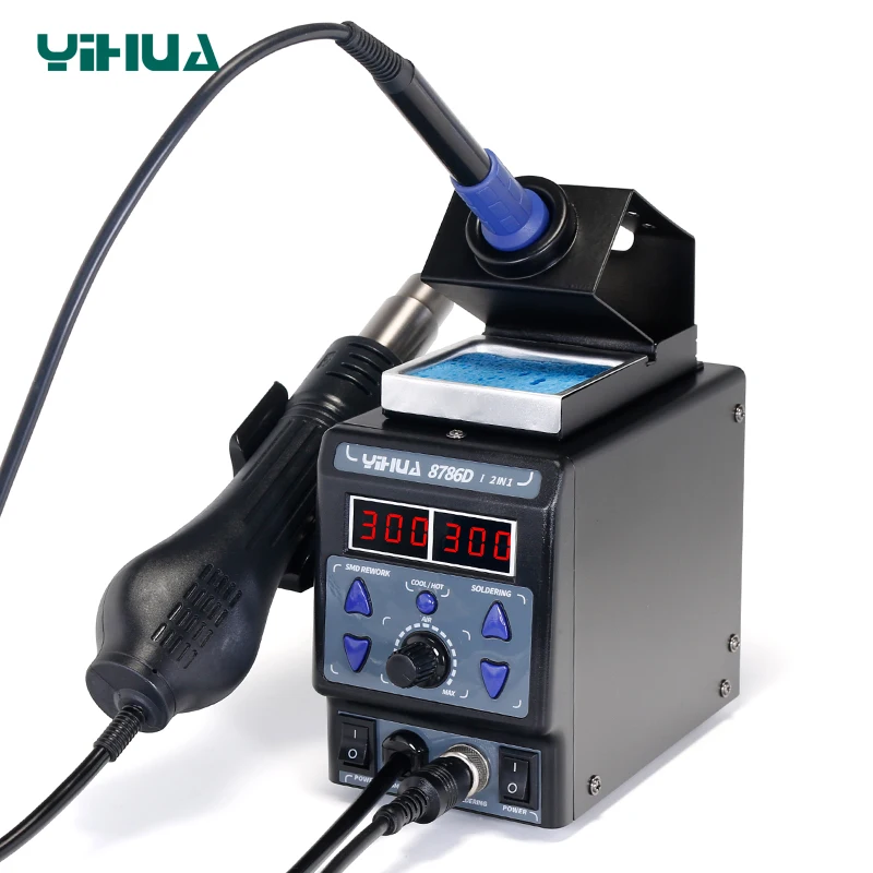 2 in 1 Rework Station YIHUA 8786D Upgraded Version SMD Soldering Station Double Digital Display Cool Hot Air Gun Soldering Iron