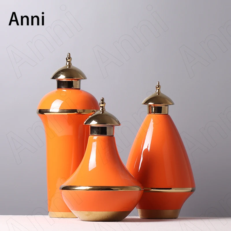 

Creativity Orange Ceramic Vase Chinese Golden Stroke Office Desktop Flower Pots Decorative Ornaments Home Living Room Decoration