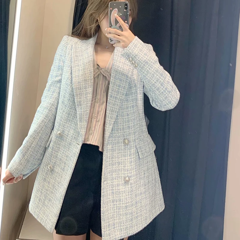 Veste de tailleur en tweed pour femme, veste blazer à carreaux, 2021, za