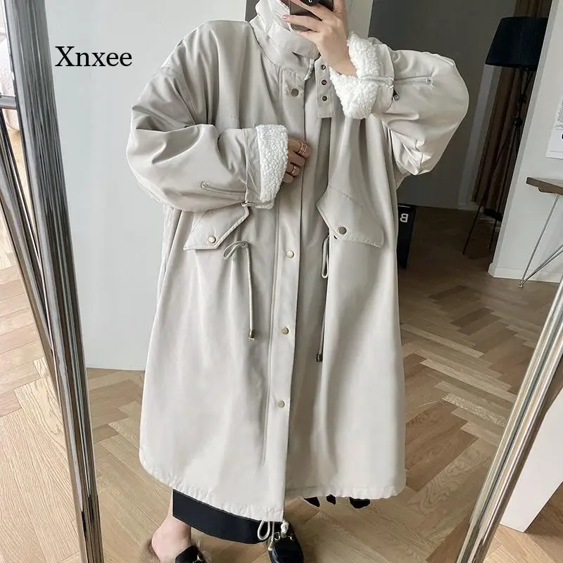 Long Jackets Parkas Causal for Woman Wool Liner Ladies Coats Pockets Solid Collar Stand Korean Style Oversized Female Outwear