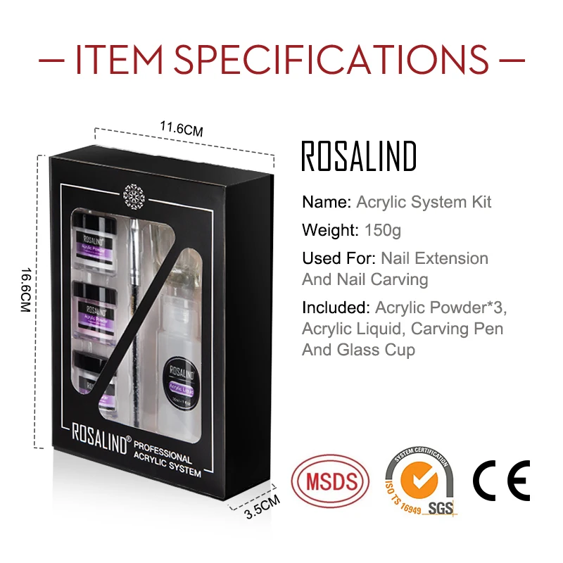 ROSALIND-Juego de polvo acrílico para extensión de uñas, Kit profesional de uñas acrílicas, decoración de tallado de uñas 3D de cristal, 10/20g