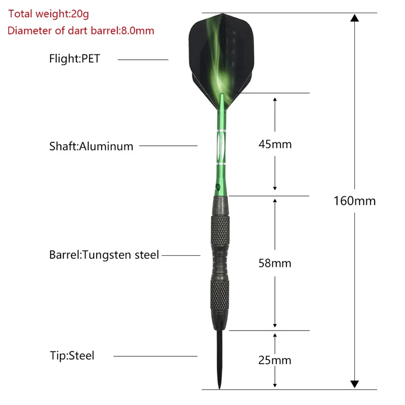 Professional Hard Darts 3Pcs High Quality 20g Steel Tip Darts Tungsten Steel Barrel Green Aluminum Dart Shafts Flights Dardos