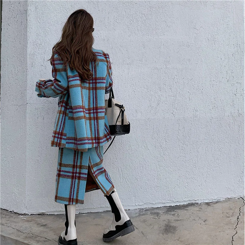 Plaid Tweed Set Casual Blazer Vintage Thicken Suits Jacket High Waist Split Skirt Tops Two Pieces Sets Women Outfits Office Wear