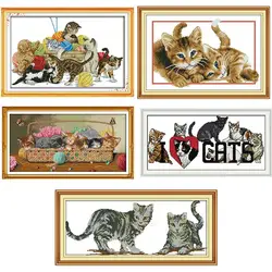 Giocosa serie di modelli di gatti kit punto croce kit di ricamo stampato su tela animale fai da te Aida 14CT 11CT cucito set da cucito artigianato