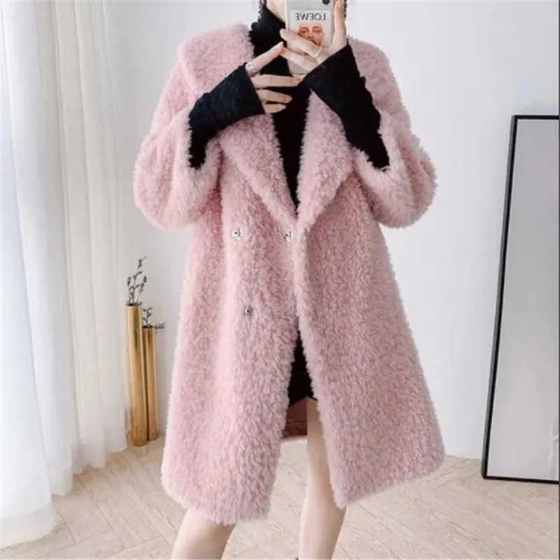 

New fashion Sheep Shearing fur warm coat fur coat women's mid-length solid color Granulated fleece lambswool fur Overcoat A792