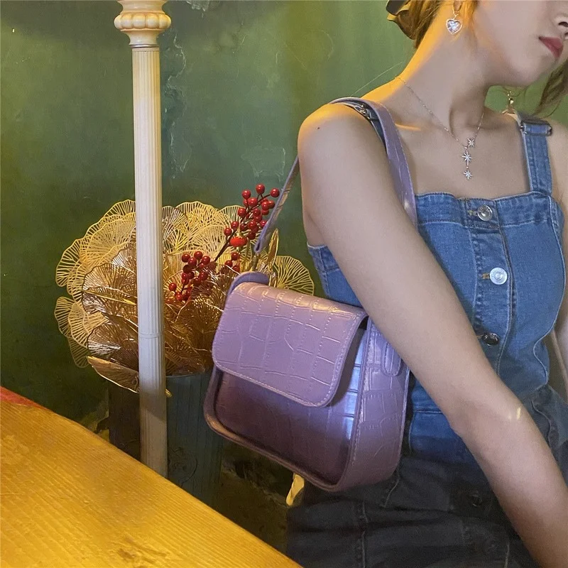 Shoulder Bags Women Purple Luxury Designer Underarm Ladies Elegant Fashion Streetwear PU Leather Crocodile Pattern Handbags Chic