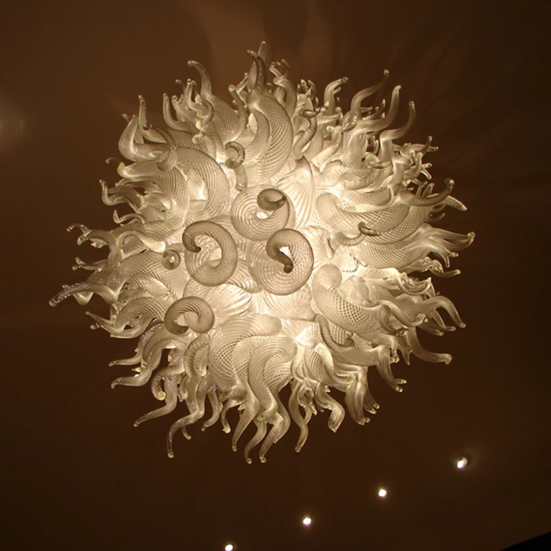 Frosted White Glass Chandelier with Led Lights Hand Blown Venetian Glass Pendant Lamp Round Large 80CM