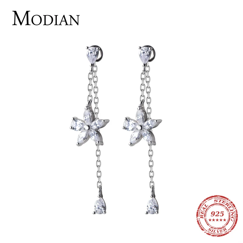 Modian Trendy Swing Flower Drop Earrings Elegant 925 Sterling Silver Clear CZ Dangle Ear Pin For Women Wedding Statement Jewelry