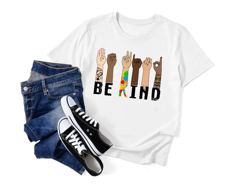 Be Kind Sign Language Rainbow Kindness Shirt Fashion Casual Cotton Round Neck Female Shirt Short Sleeve Top Tees Streetwear top