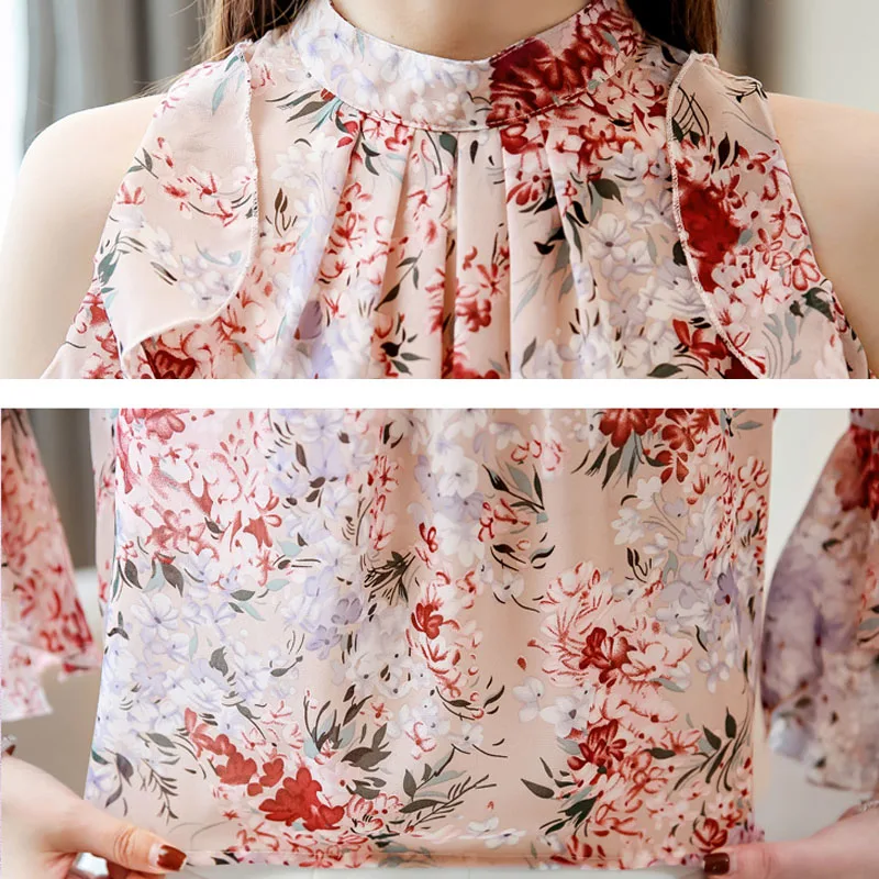 Blusa de gasa con Manga mariposa para Mujer, camisa elegante con estampado Floral, volantes, color rosa y azul, 2023