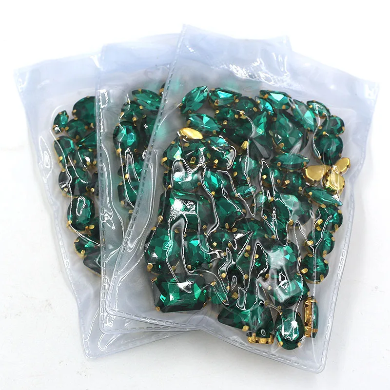 Wholesale 5 bags mixed shape sew on glass Malachite Green gold base rhinestones diy dress/Clothing accessories