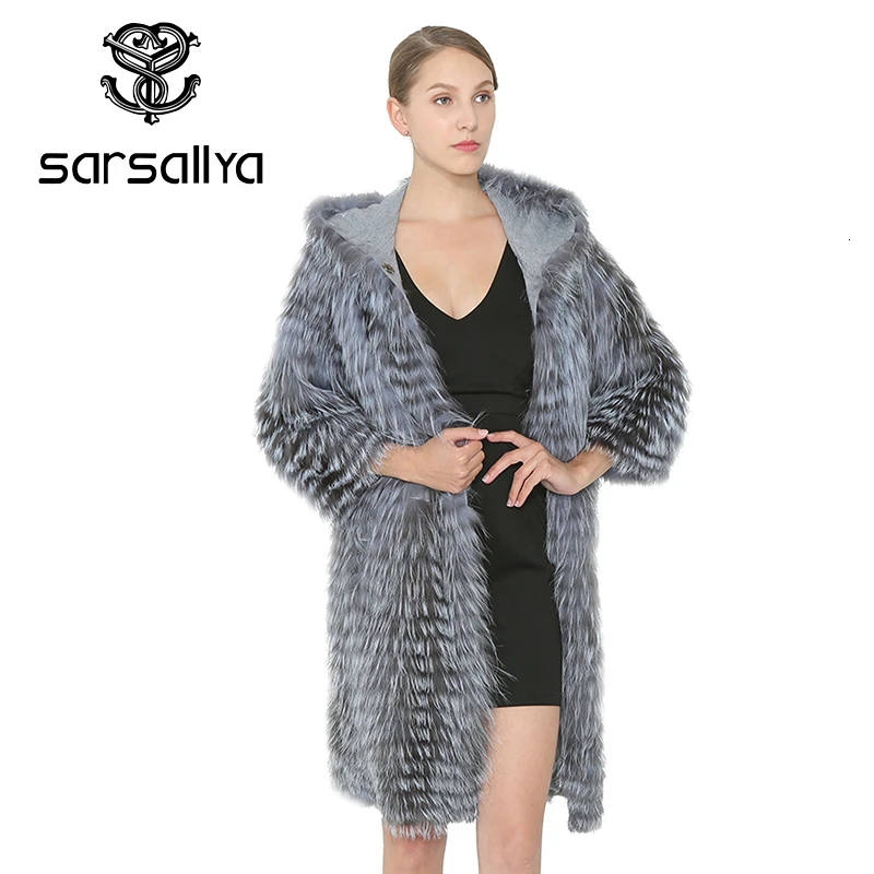 SARSALLYA – manteaux de fourrure de renard en argent véritable pour femme, veste longue d'hiver, vêtements d'extérieur