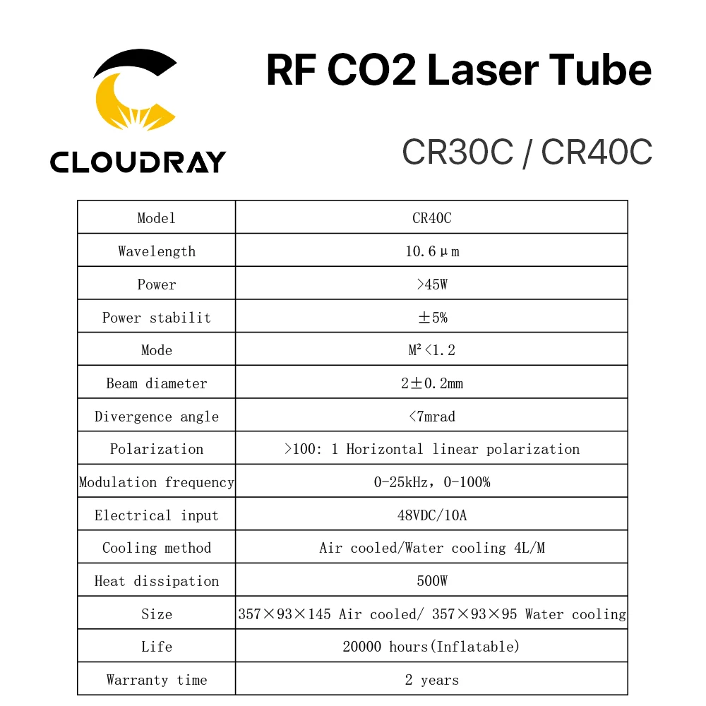 Cloudray 30W 40W CRD CO2 Laser Tube CR30C / CR40C RF Laser Tube for CO2 Laser Engraving Marking Machine