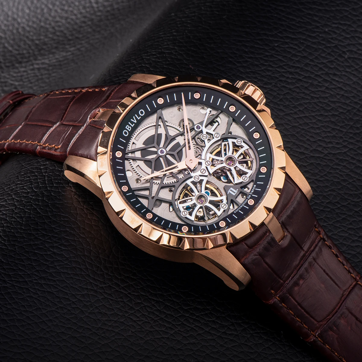 OBLVLO Luxury Mens Automatic Watches Rose Gold Skeleton Watch Brown Leather Strap Wterproof Watch Relogio Masculino RM-T