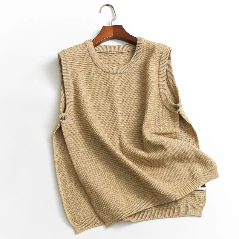 

Women's Spring Autumn Sleeveless Vintage Knitted Khaki Vest Female Winter Plus Size Casual Loose Short Waistcoat 2XL TB189