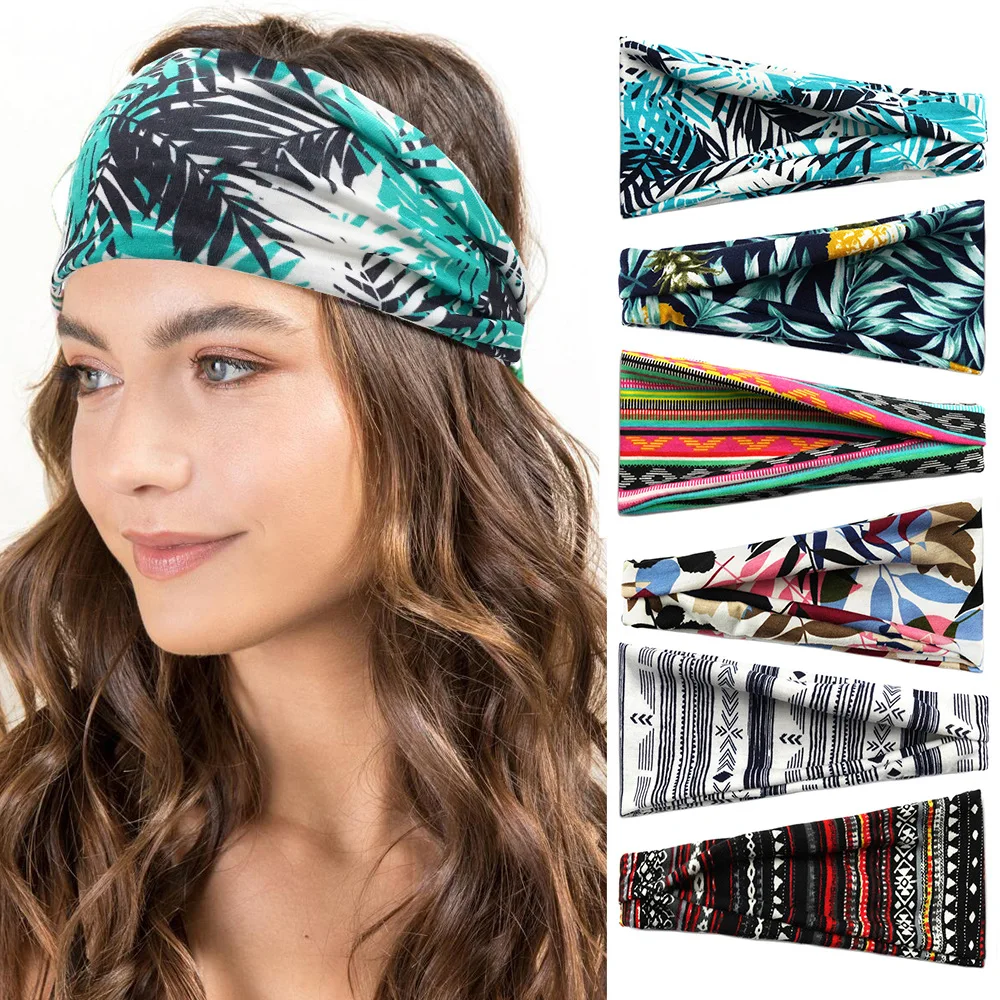 

Women Headband Pattern Print Wide Turban Knitted Cotton Hairband Hair Accessories Twisted Knotted Headwrap Bandanas Girls Bands