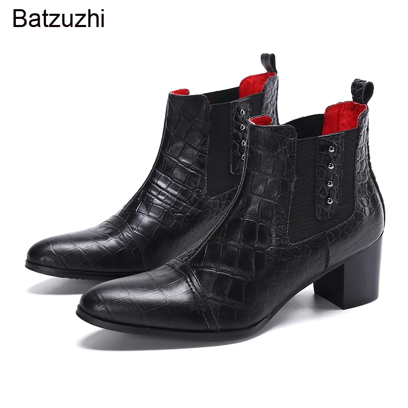 

Batzuzhi Italian Type Men's Boots Shoes Pointed Toe Black Ankle Boots Men Slip on 7cm High Heel Business/Party/Wedding Botas!