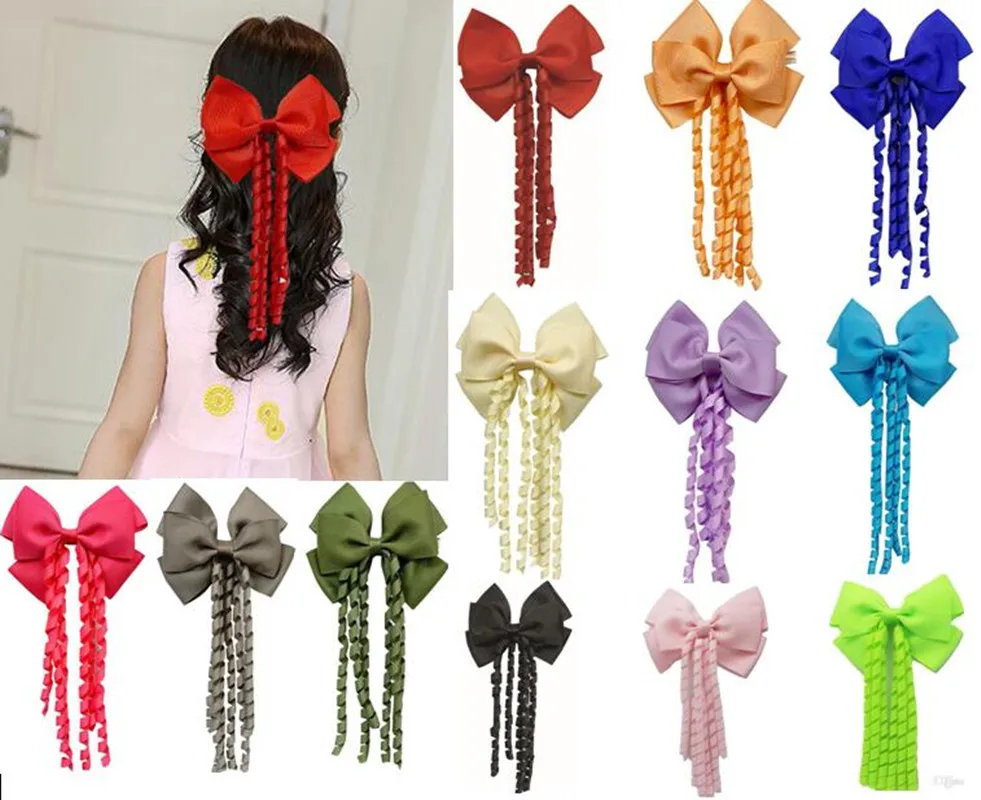 HOT SALE  4inch korker streamer ribbon elastic bobble Grosgrain Ribbon Long Korker Tail Fancy Hair Bow With Clip For Girls 20PCS