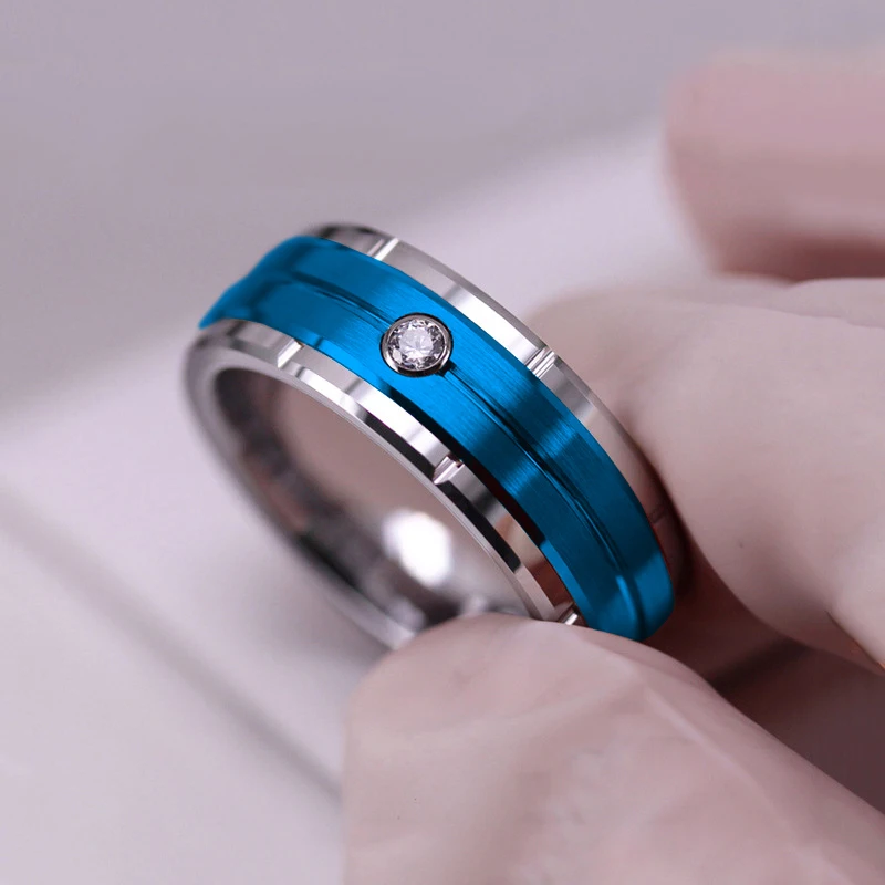 Neue Mode 8mm männer Doppel Nut Abgeschrägte Edelstahl Ring Blau Gebürstet Inlay AAA Zirkon Ring männer hochzeit Band Schmuck