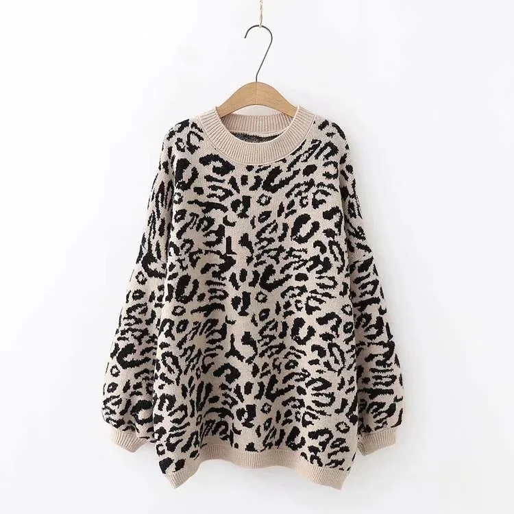 2024 New Women\'s sweater Autumn And Winter Knitted Loose Leopard Round Neck Pullover Long Lantern Sleeve Sweater