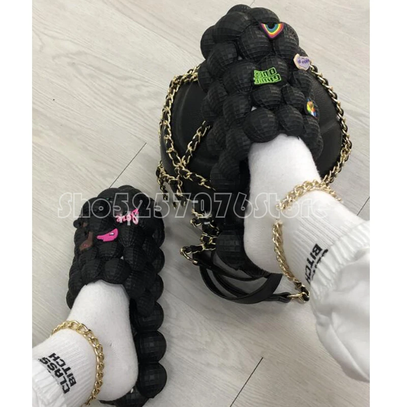 High Quality Bubble Ball Slippers Girl Rhinestone Pendant Designer Slides Ladies Creative Flat Slippers Adult Sandals Beach Shoe