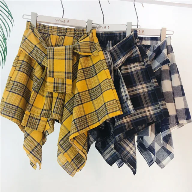 TOTRUST moda universidad falda asimétrica mujer verano falda a cuadros mujeres Casual estudiantes camisa falsa Mini falda femenina Saia