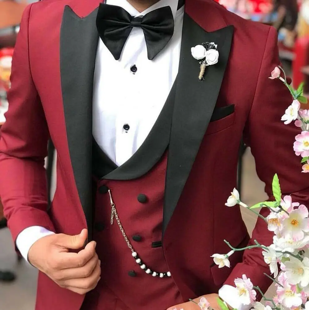 

2020 New Latest Coat Pant Designs Burgundy Men Suit Slim Fit 3 Piece Tuxedo Groom Suits Custom Prom Party Best Man Blazer Terno