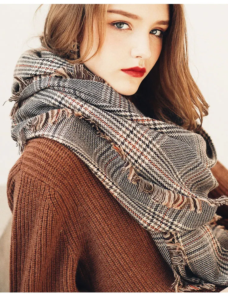 Designer Plaid Frauen Schal Wolle Hahnentritt Warme Lambwool Herbst Winter Schals schals luxus marke neck bandana pashmina Warps – Detail 4