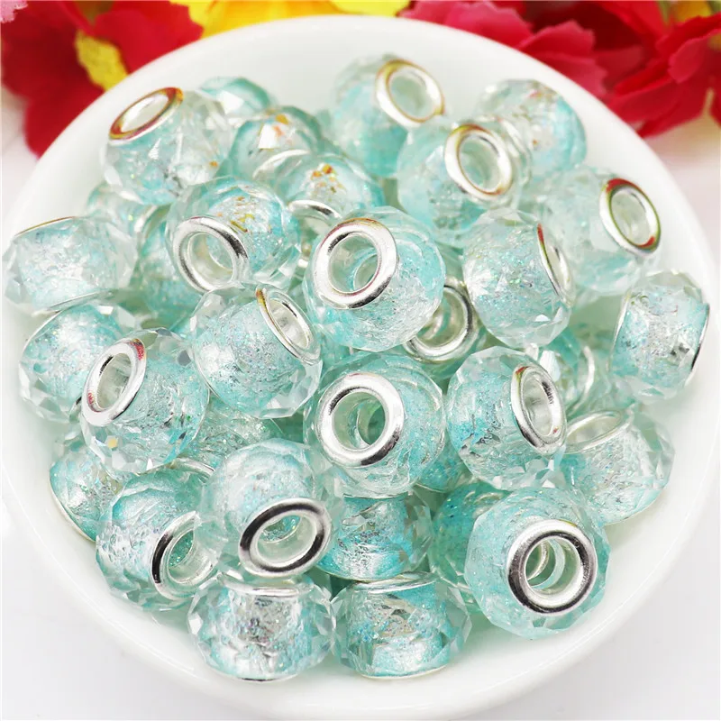 20 Pcs Color Glitter Cut Faceted Murano Glass Beads Big Hole Silver Plated Fit Pandora Charm Bracelet Pendants Women DIY Jewelry