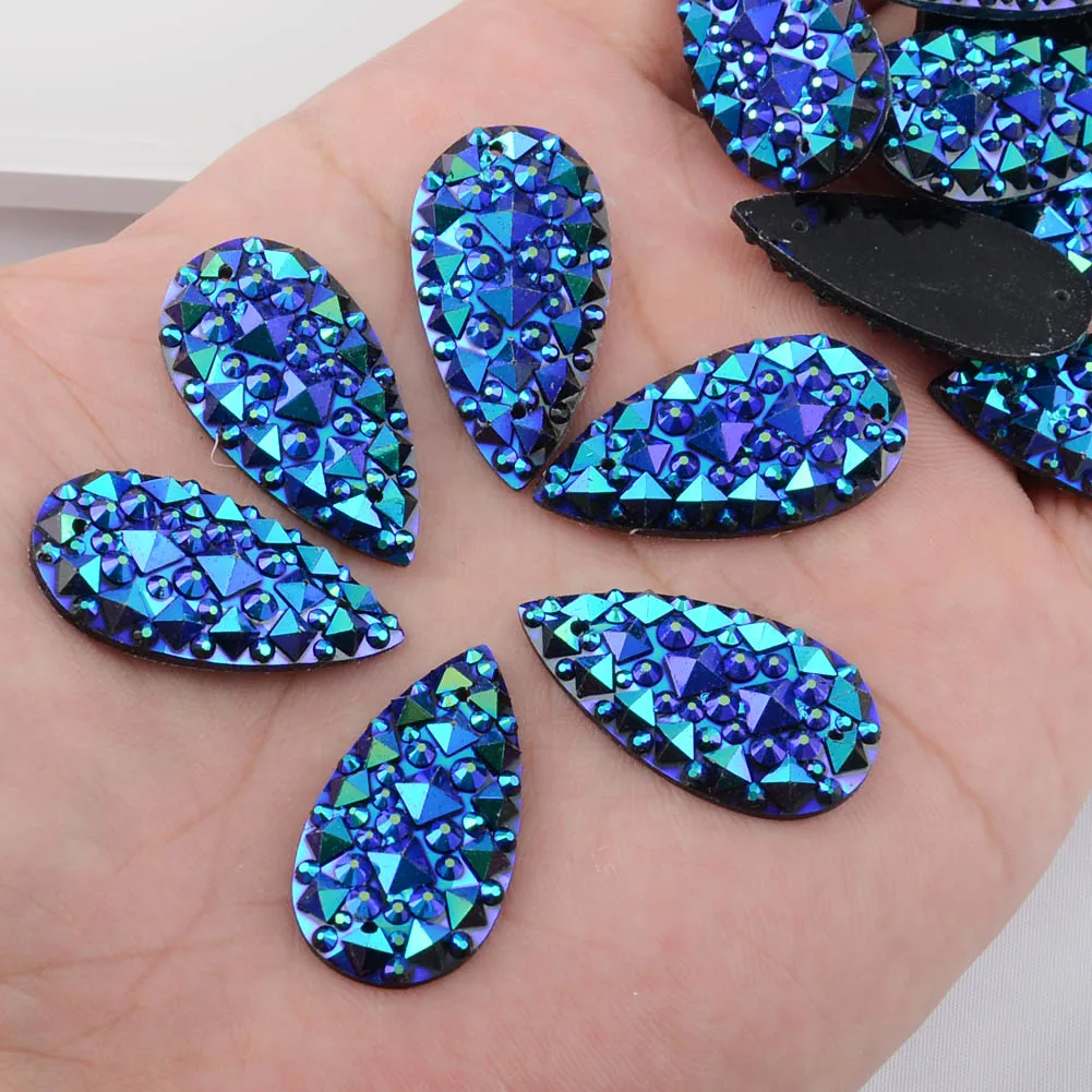 BOLIAO 10Pcs 16*30mm (0.63*1.18 in) AB Crystal Drop Dark Blue Rhinestones Flatback Resin Sew On Clothes/Home Holiday Decoration