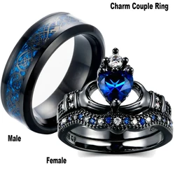 Charm Couple Ring Stainless Steel Black Men's Ring Blue Zircon Ladies Ring Set Valentine's Day Wedding Metal Ring