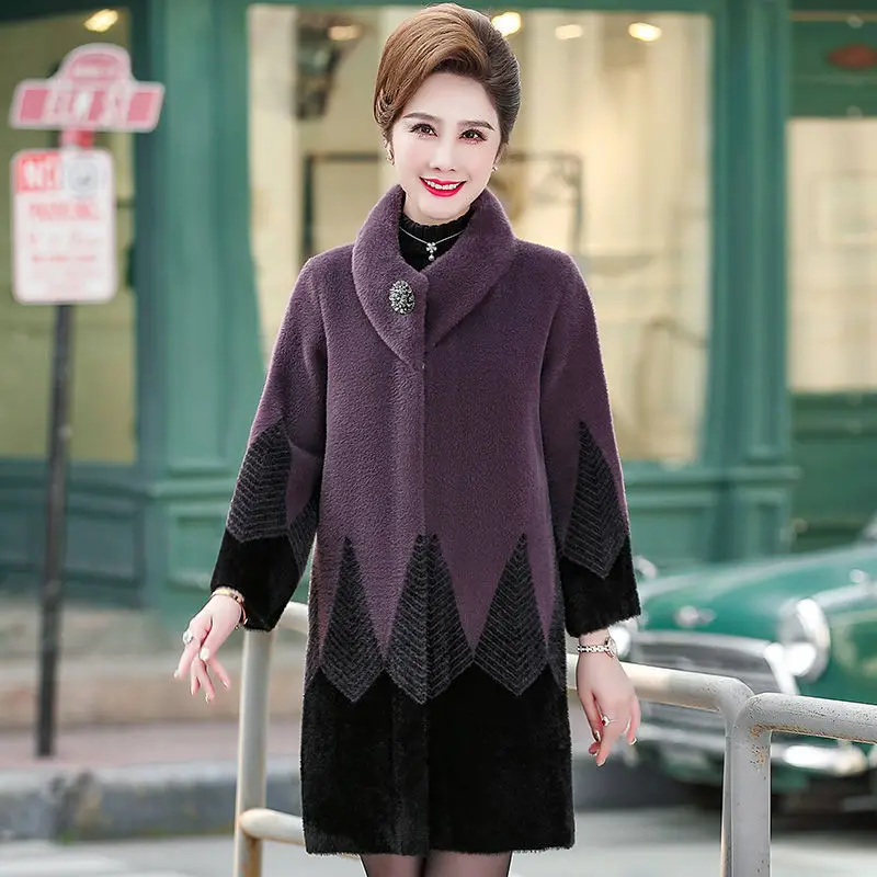 Women Winter Jacket High Quality Thick Imitation Mink Cashmere Coat Noble Middle-aged Mother Knit Cardigan Sweater Jacket W2213