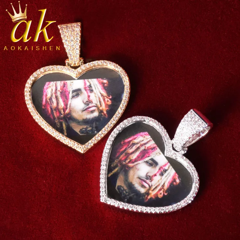 Aokaishen Custom Photo Necklace for Men Heart Medallions Personalized Picture Pendant Solid Back Hip Hop Jewelry Iced Out 2022