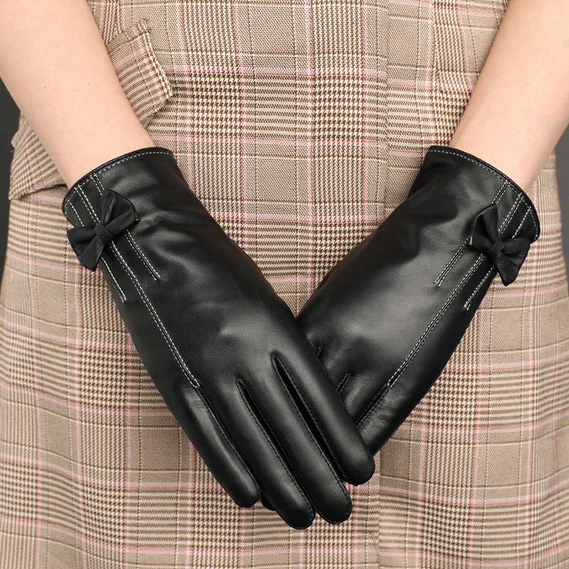 

Women's Autumn Winter Black Genuine Leather Bow Gloves Lady's Natural Sheepskin Leather Winter Touchscreen Driving Glove R082