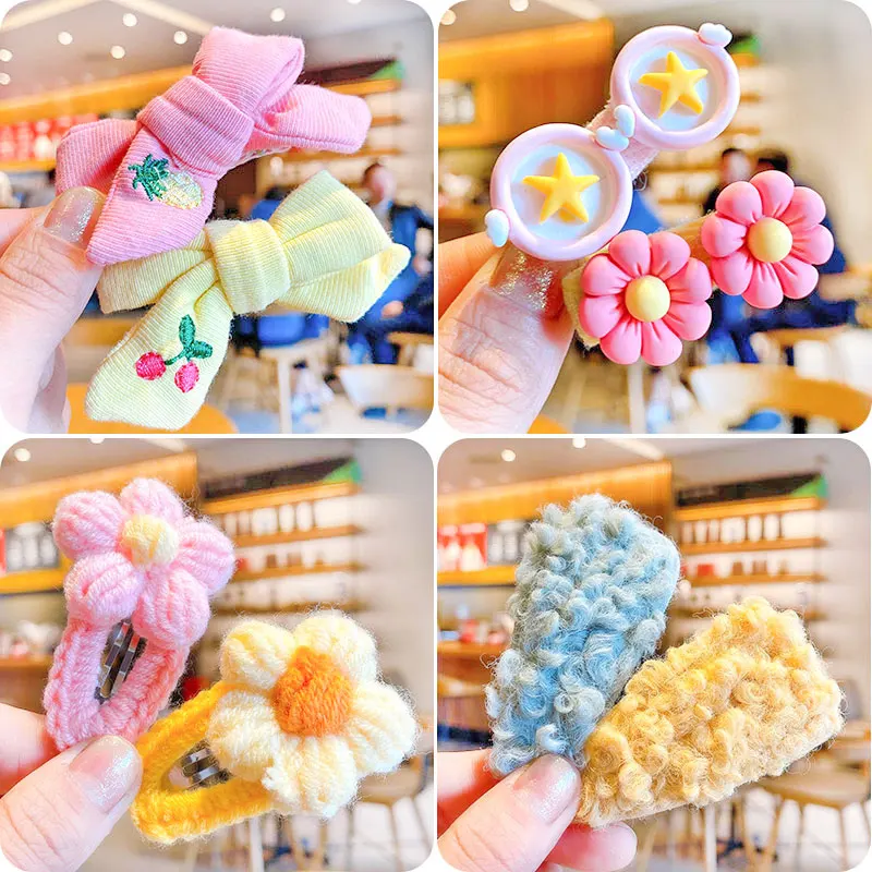 4 Pcs/Set Children Cute Colors Knit Flower Bow Ornament Hair Clips Girls Lovely Soft Barrettes Hairpins Kids Hair Accessories